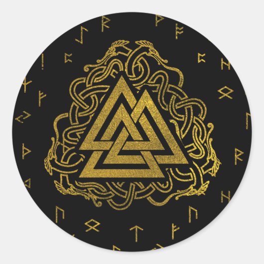 Gouden Valknut Symbool op Runes Patroon Ronde Sticker (Voorkant)