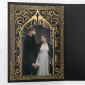 Gouden Vampier Kathedraal Gotische Huwelijksuitnod Drieluik Uitnodiging (Binnenzijde eerst)