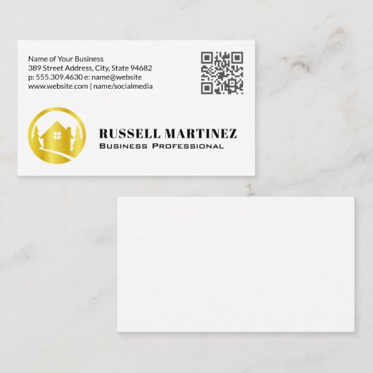 Gouden Vastgoed Bomen Logo | QR Code Visitekaartje (Voorkant / Achterkant)