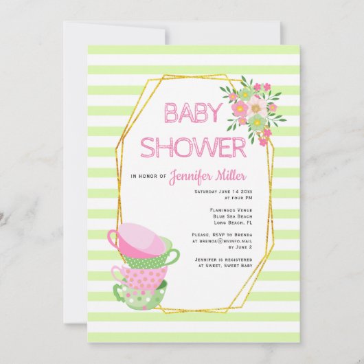 Gouden veelhoek en theefeest bloemenbaby shower kaart (Voorkant)