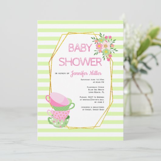 Gouden veelhoek en theefeest bloemenbaby shower kaart (Staand voorkant)