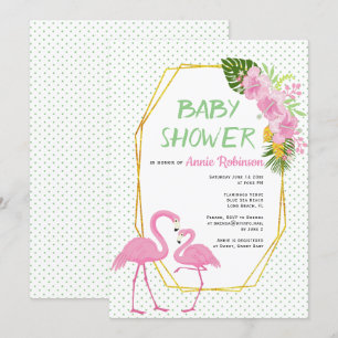 Gouden veelhoek, flamingo's polka dot baby shower kaart