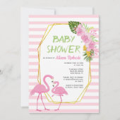 Gouden veelhoek, roze flamingo's baby shower kaart (Voorkant)