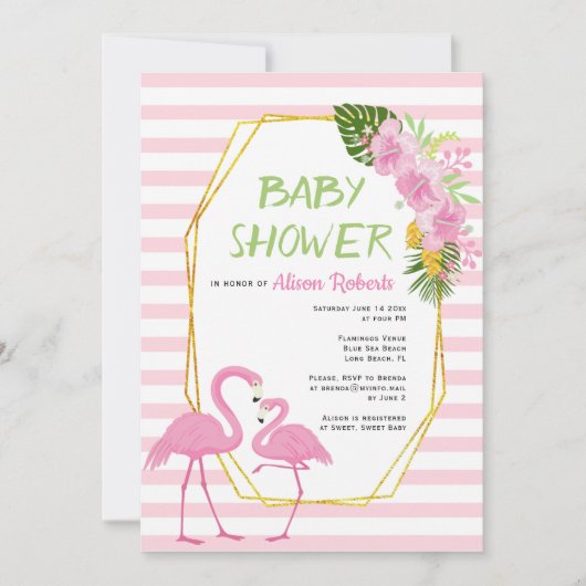 Gouden veelhoek, roze flamingo's baby shower kaart (Voorkant)