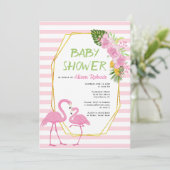 Gouden veelhoek, roze flamingo's baby shower kaart (Staand voorkant)