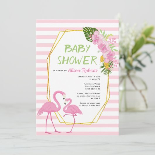 Gouden veelhoek, roze flamingo's baby shower kaart (Staand voorkant)