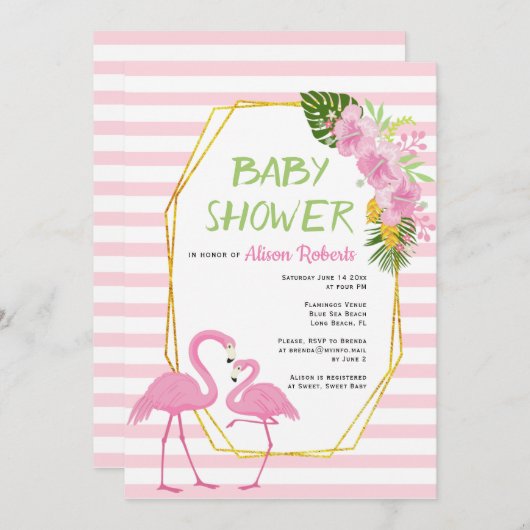 Gouden veelhoek, roze flamingo's baby shower kaart (Voorkant / Achterkant)