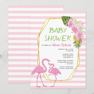 Gouden veelhoek, roze flamingo's baby shower kaart