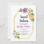 Gouden veelhoek waterverf bloemen Sweet Sixteen Kaart (Voorkant)