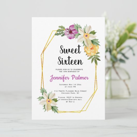 Gouden veelhoek waterverf bloemen Sweet Sixteen Kaart (Staand voorkant)