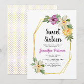 Gouden veelhoek waterverf bloemen Sweet Sixteen Kaart (Voorkant / Achterkant)