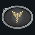 Gouden veelhoekig symbool Caduceus Gesp<br><div class="desc">Gouden veelhoekige Caduceus symbolen op zwarte geïsoleerde achtergrond. Laag polysymbool van de geneeskunde.</div>