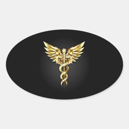 Gouden veelhoekig symbool Caduceus Ovale Sticker (Voorkant)