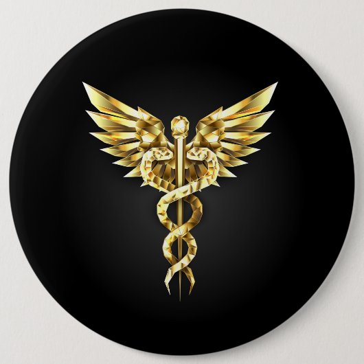 Gouden veelhoekig symbool Caduceus Ronde Button 6,0 Cm (Voorkant)
