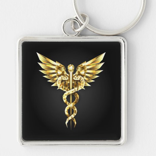 Gouden veelhoekig symbool Caduceus Sleutelhanger (Voorkant)