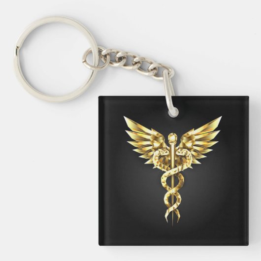 Gouden veelhoekig symbool Caduceus Sleutelhanger (voorkant)