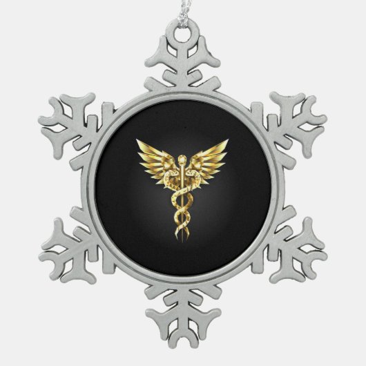 Gouden veelhoekig symbool Caduceus Tin Sneeuwvlok Ornament (Voorkant)