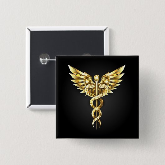 Gouden veelhoekig symbool Caduceus Vierkante Button 5,1 Cm (Voorkant /achterkant)
