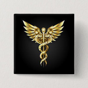 Gouden veelhoekig symbool Caduceus Vierkante Button 5,1 Cm