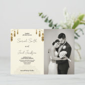 Gouden Veer en Kunst Beige Bruiloft met foto Kaart (Staand voorkant)