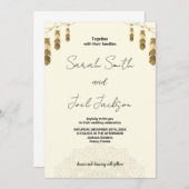 Gouden veer en kunst Beige bruiloft uitnodigingen (Voorkant / Achterkant)