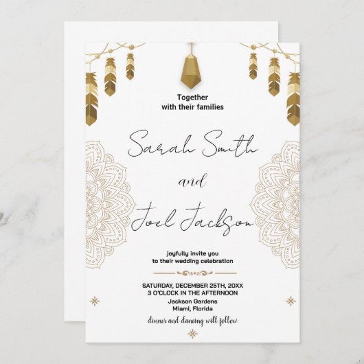 Gouden Veer en Kunst Bruiloft Uitnodigingen (Voorkant / Achterkant)