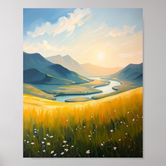 Gouden Veld en Rivier bij Zonsondergang Poster (Voorkant)