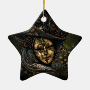 Gouden Venetiaans Carnaval masker met blauw pet Keramisch Ornament