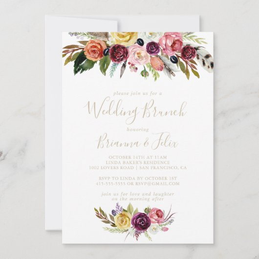 Gouden veren Boho Tropische Bloemen Bruiloft Brunc Kaart (Voorkant)