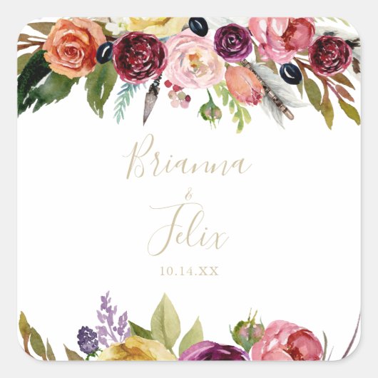 Gouden veren Boho tropische bruiloft envelop afdic Vierkante Sticker (Voorkant)