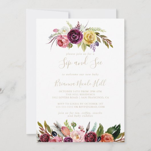 Gouden veren Boho Tropische Sip en zie uitnodiging (Voorkant)