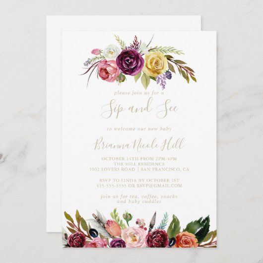 Gouden veren Boho Tropische Sip en zie uitnodiging (Voorkant / Achterkant)