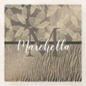 Gouden veren Glitter Zebra Print Monogram Glazen Onderzetter (Voorkant)