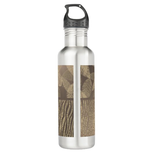 Gouden veren Glitter Zebra Print Monogram Waterfles (Achterkant)