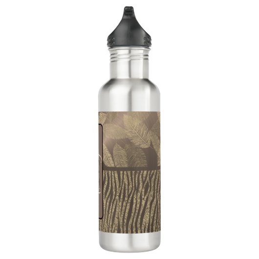 Gouden veren Glitter Zebra Print Monogram Waterfles (Rechts)