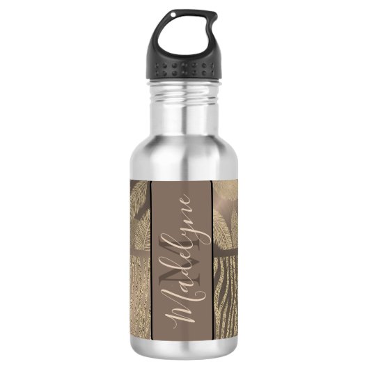 Gouden veren Glitter Zebra Print Monogram Waterfles (Voorkant)