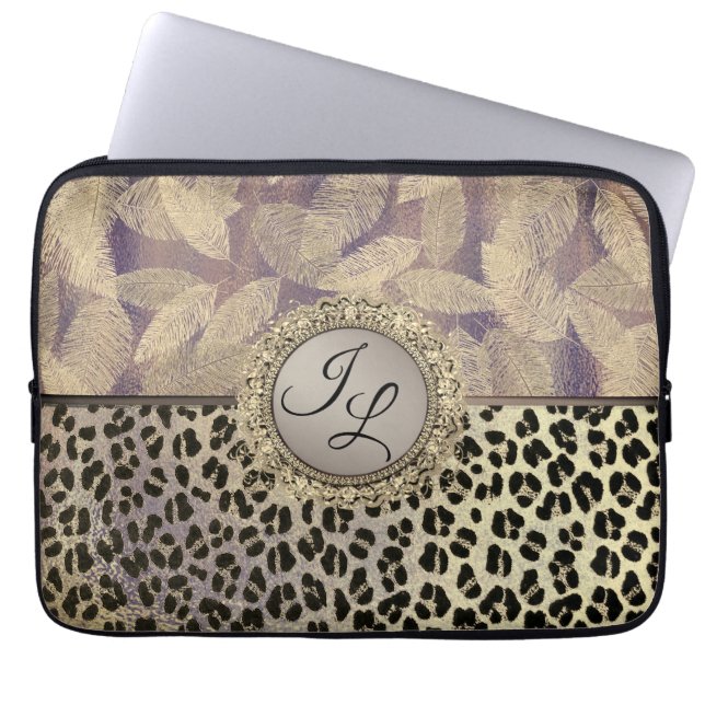 Gouden veren met Leopard Print Monogram Laptop Sleeve (Voorkant)