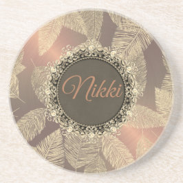 Gouden veren op gouden Roos gepersonaliseerd Zandsteen Onderzetter