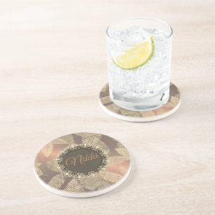 Gouden veren op gouden Roos gepersonaliseerd Zandsteen Onderzetter