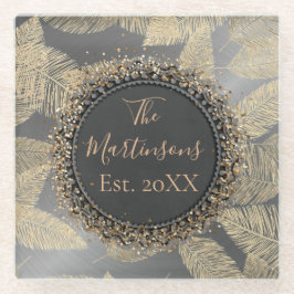 Gouden veren op strakke zilveren familienaam glazen onderzetter