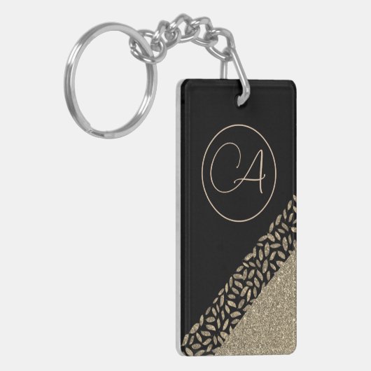 Gouden veren op zwart Glittery Monogram Sleutelhanger (Voorkant Links)
