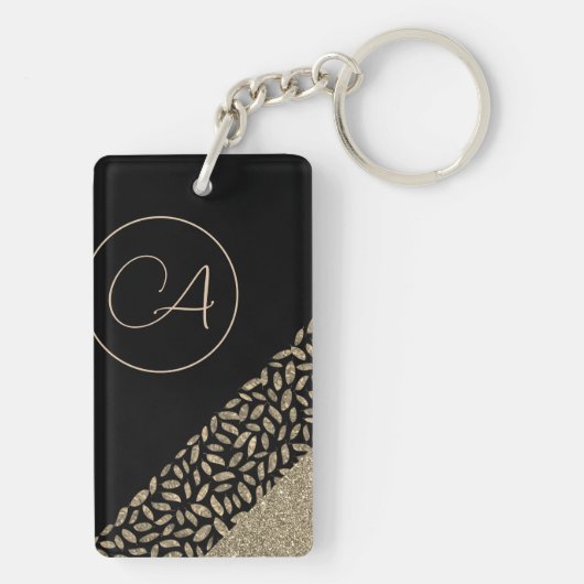 Gouden veren op zwart Glittery Monogram Sleutelhanger (achterkant)