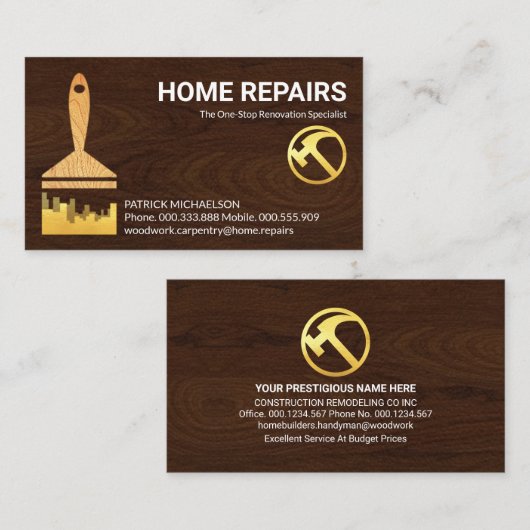 Gouden verfborstel houten textuur visitekaartje (Voorkant / Achterkant)