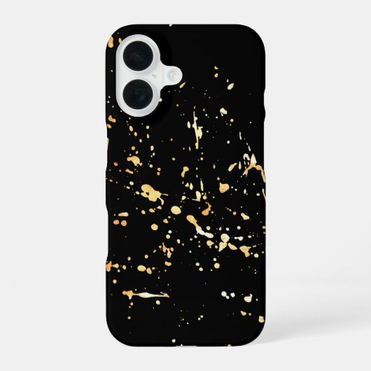 Gouden verfspatten op zwart iPhone 16 hoesje (Achterkant)