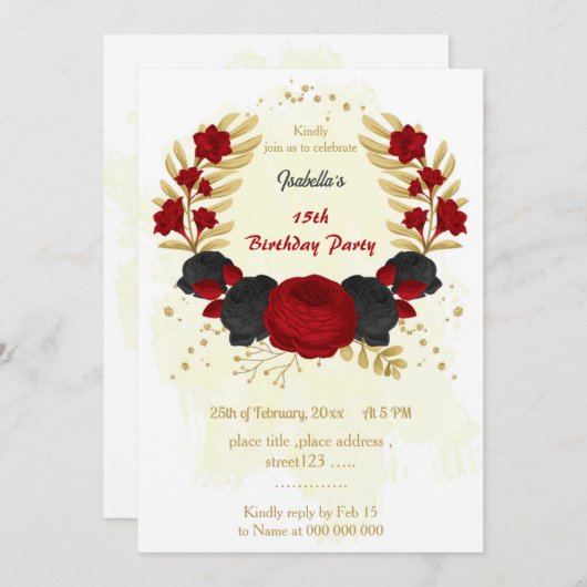 gouden verjaardag van rode en zwarte bloemen kaart (Voorkant / Achterkant)