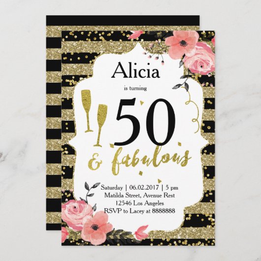 Gouden verjaardagsuitnodiging voor volwassenen kaart (Voorkant / Achterkant)