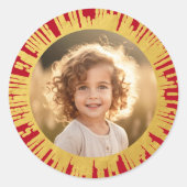 Gouden verloop zonnestraal foto Kerst rood Ronde Sticker (Voorkant)