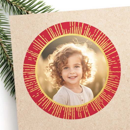 Gouden verloop zonnestraal foto Kerst rood Ronde Sticker
