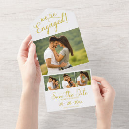 Gouden verlovingsaankondiging en save-the-date all in one uitnodiging