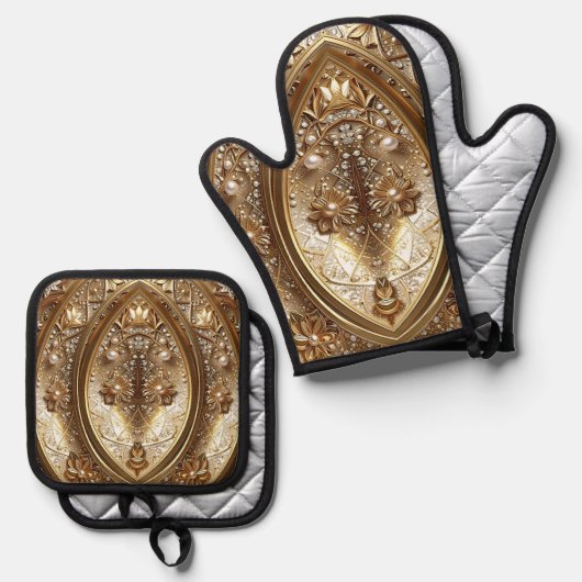 Gouden Versierd Ovenwant & Pannenlap Set (Voorkant / Achterkant)